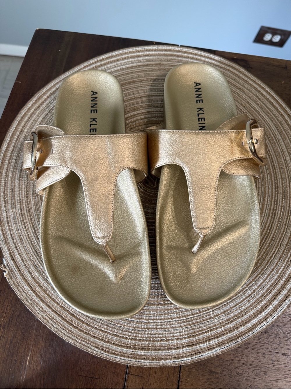 Anne Klein Metallic Gold Buckle Thong Sandals